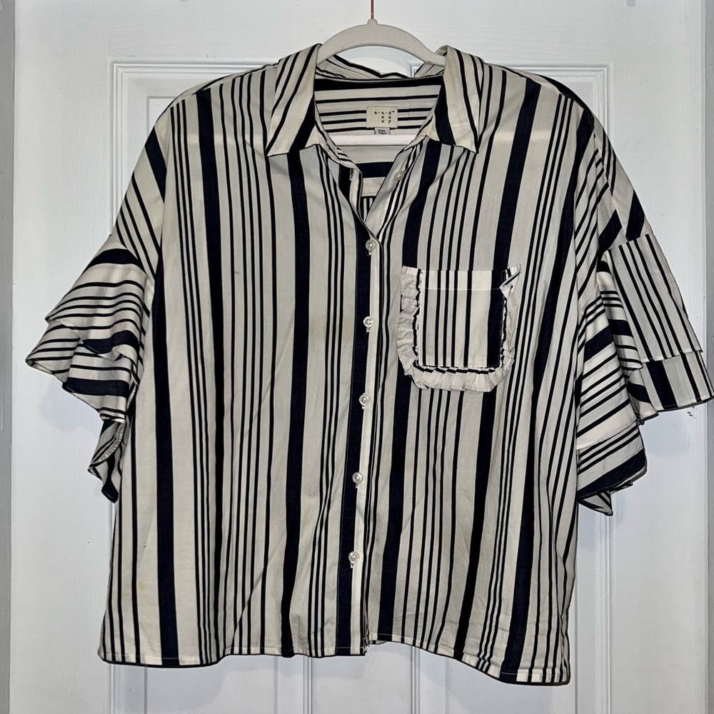A NEW DAY Striped Boxy Button Down Blouse With Dropped Flouncy Sleeves